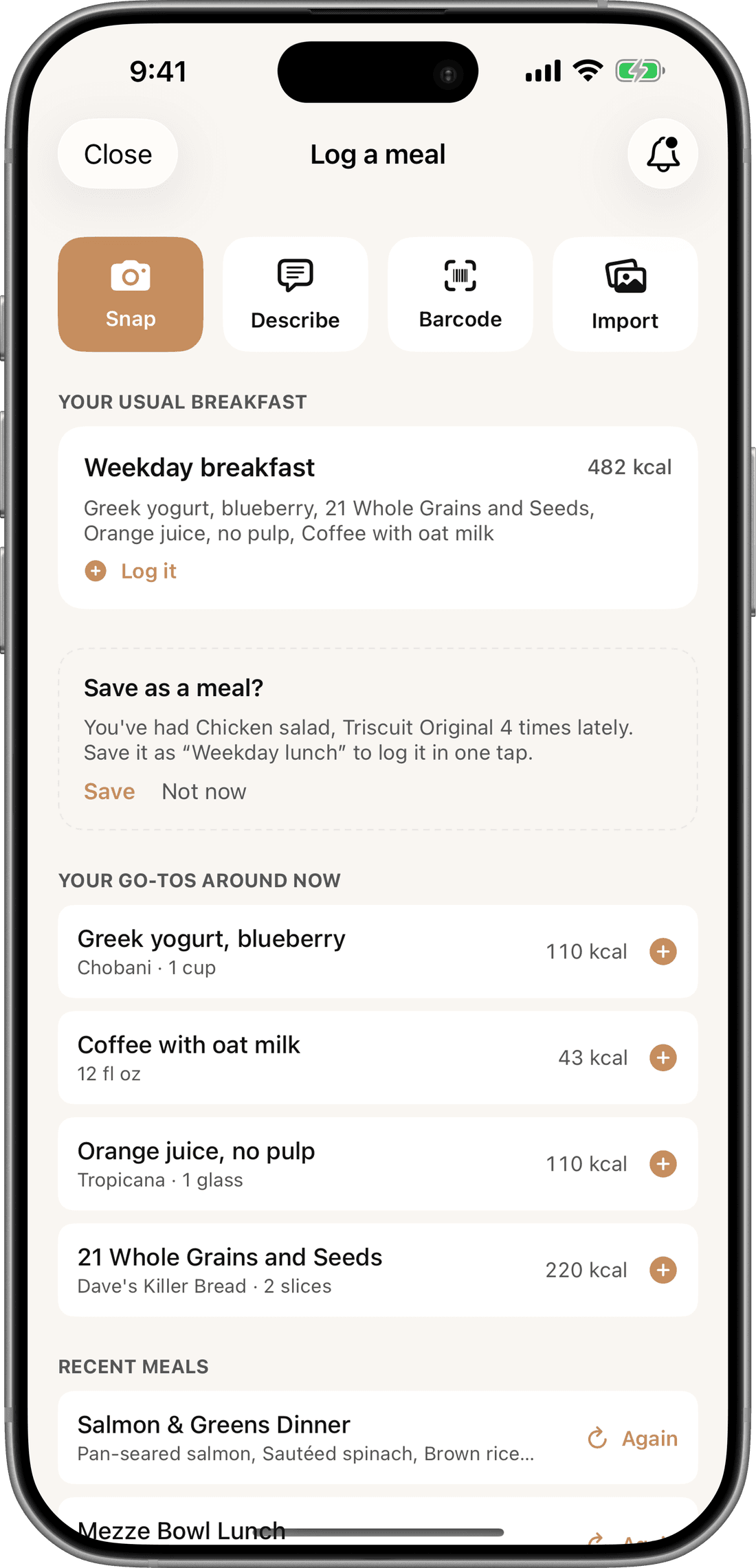 The capture screen: snap, describe, barcode and import, your usual weekday breakfast ready to log, and your go-to foods for this time of day.